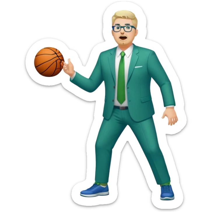 Full Body plus size white male yelling basketball team manager with glasses blondish gray short hair with a goatee wearing blue and green suit sticker