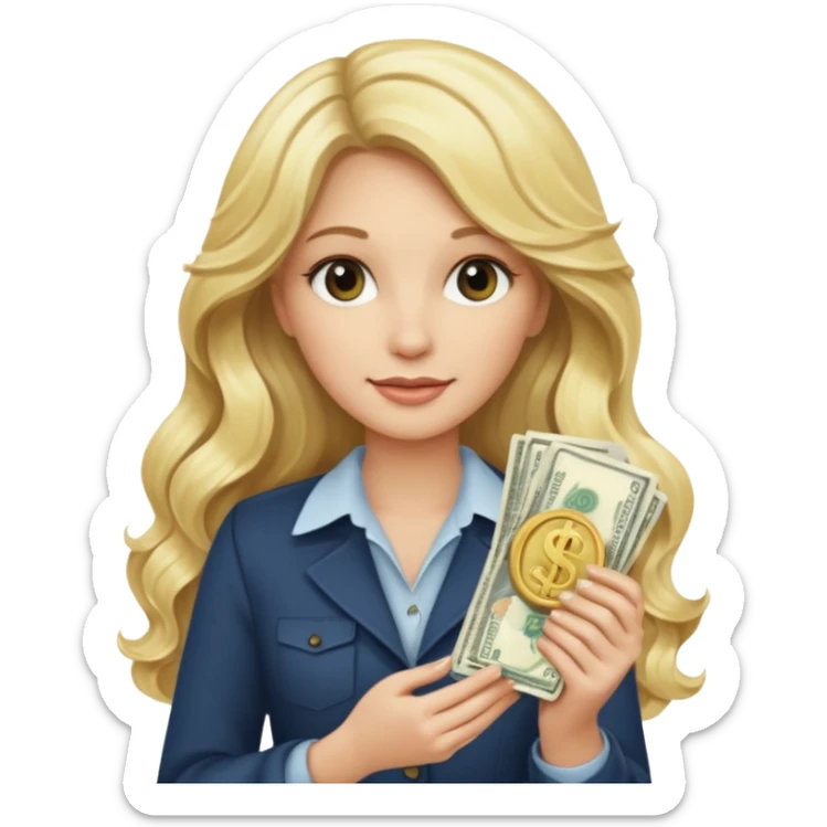 rich long hair blonde millionare woman holding money sticker