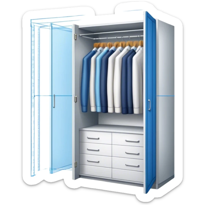 Professional emoji for Furniture Design: a close-up of a 3D wardrobe on top of a blueprint, with a measuring tape beside it. The icon should represent the detailed design and measurement process in furniture design. Transparent background. sticker