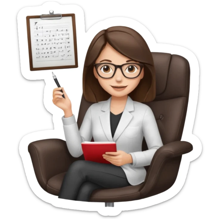 female therapist, brunette, brown eyes, light skin, sitting in a modern chair with notes, wearing glasses sticker