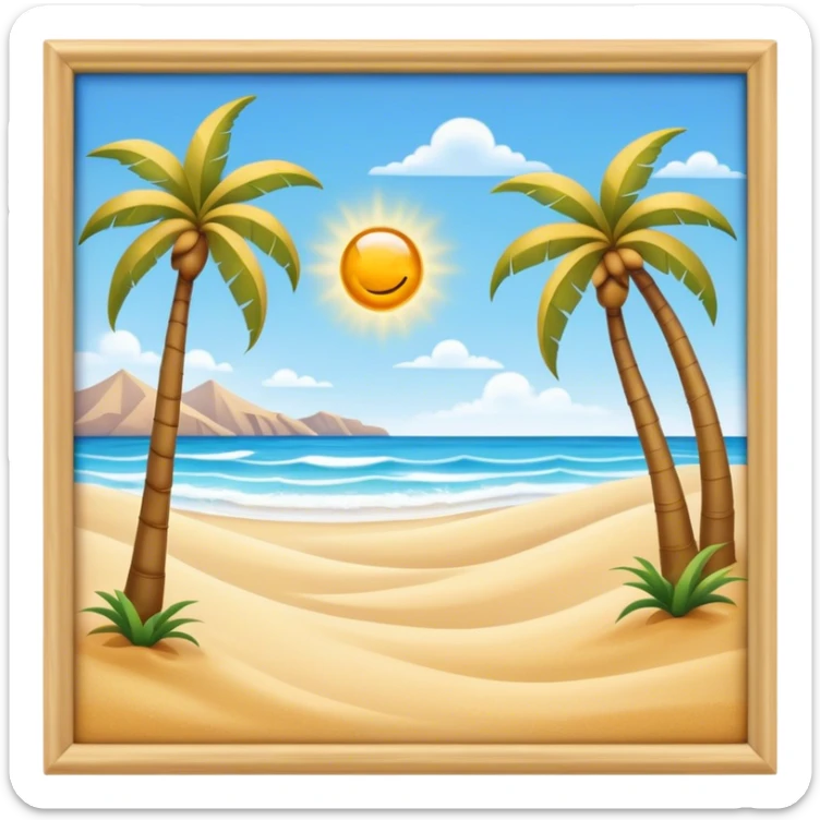 Cinematic Realistic Beach Emoji in a wooden frame, Sunny and bright, with soft golden sand stretching as far as the eye can see, gently lapping waves crashing onto the shore, and a clear, blue sky above. Palm trees sway in the warm breeze, crystal clear water of the waves on the landscape. Soft glowing outline, capturing the essence of a relaxed, joyful beach day filled with sun, sand, and surf! sticker
