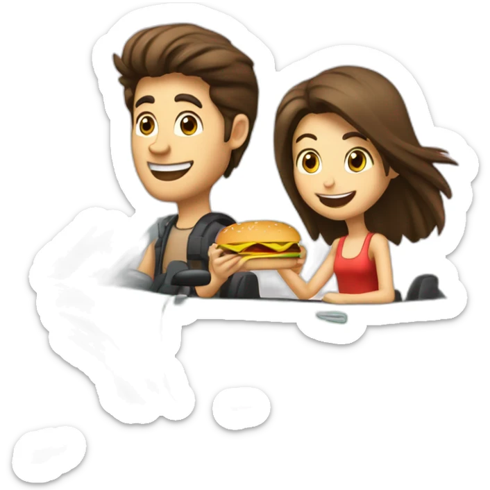 Brunette-boy-and-brunette-girl-roadster-car-driving-with-hamburger sticker
