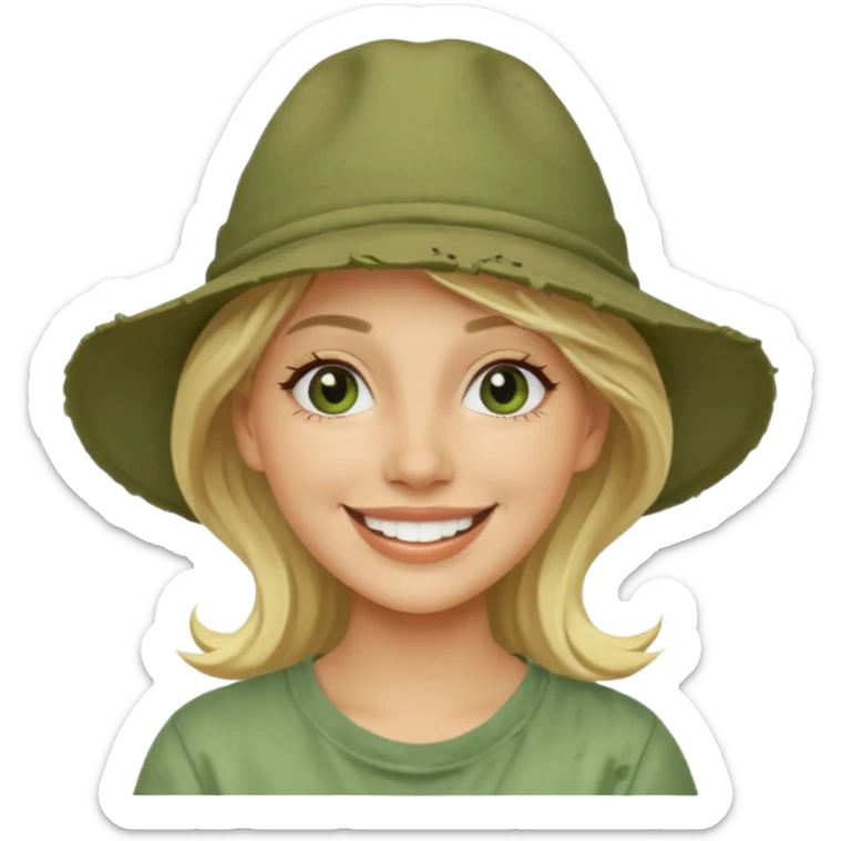 messy green clay mask and tourist hat blond woman  smiling and clay mask on face sticker