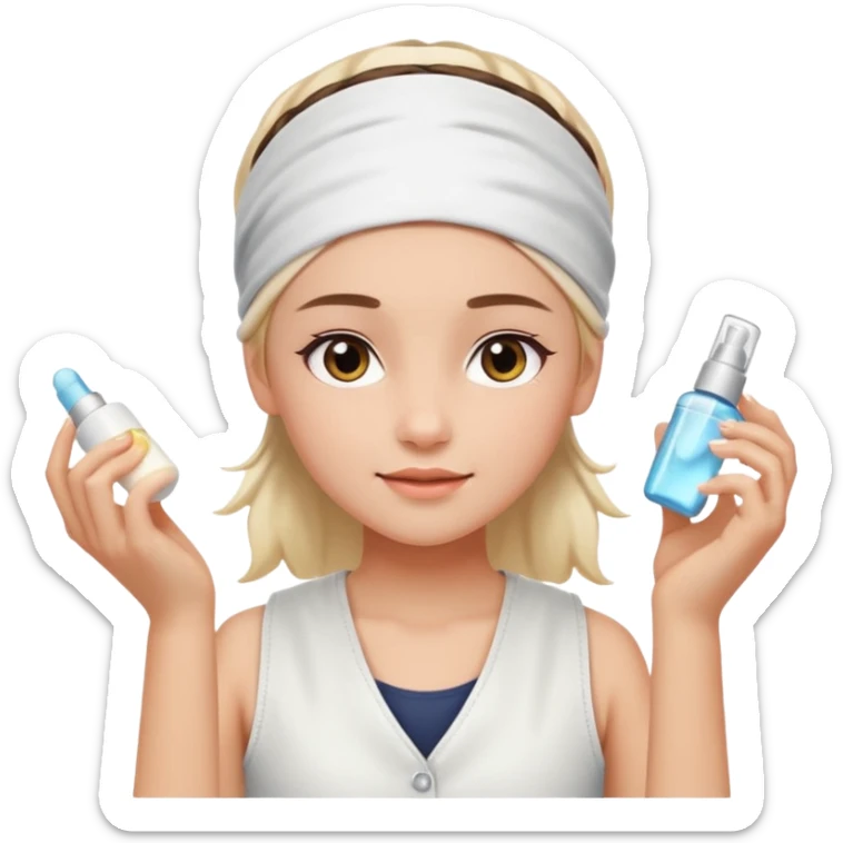 Clean girl aesthetic emoticons, apply skincare products, headband, glowing skin, white vest, soft lighting sticker
