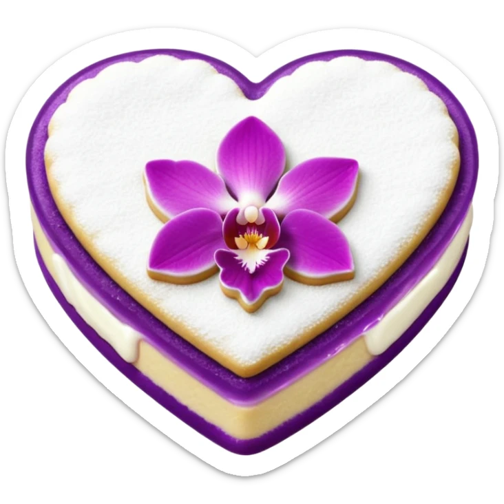 Realistic shortbread cookie in the shape of a heart with orchid purple color jelly middle filling and sprinkled powder sugar on top. sticker
