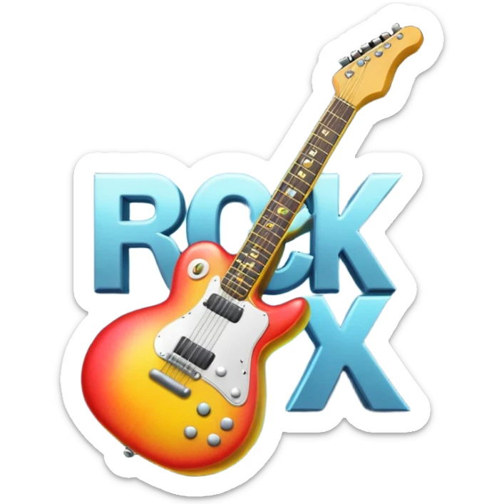 A 3D Apple-style emoji showing the word "ROCK" in bold metallic letters, with a small electric guitar leaning on the text, vibrant glowing effect, playful and energetic cartoon style, symbolizing rock music. sticker