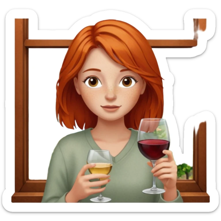 girl with rust colored hair and lots of freckles enjoying wine by window sticker