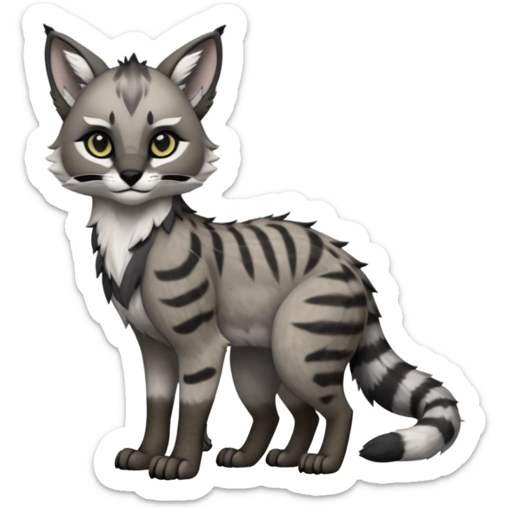 Cute kawaii cool edgy badass  ashen grey fur with smoky charcoal ombré fade fantasy-caracal-civet-genet-sergal-vernid-Gryphon-Cacomistle-Trico-oncilla-animal-Fakémon-hybrid-fursona (full body), facial markings, (realism style) sticker
