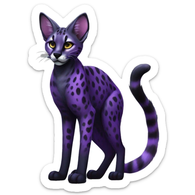 Epic Edgy Colorful Cool Cute Realistic Black and Purple ethereal Serval-Fionbri fursona with white belly full body sticker