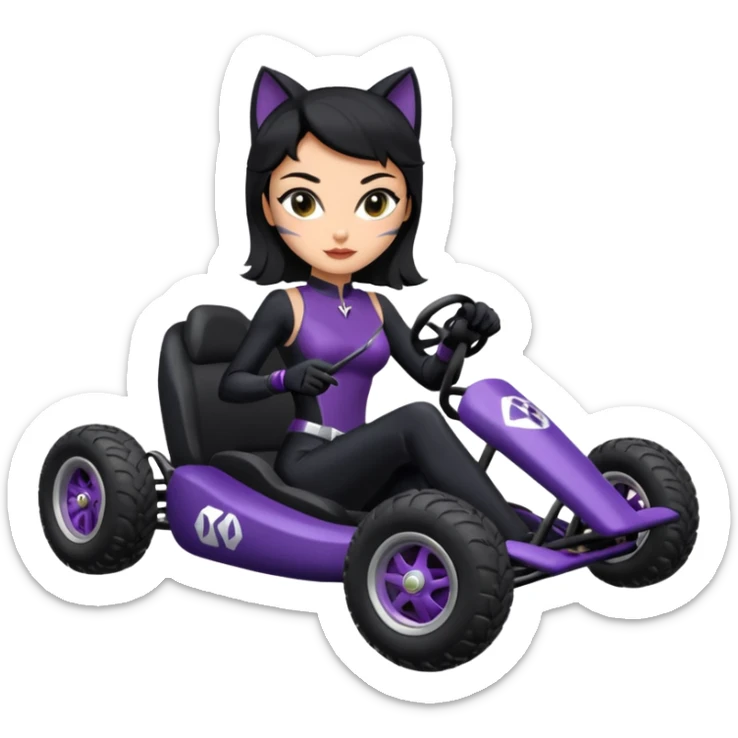 full size real-appearance road glowing racing sexy buxom CatWoman’s feminine midnight-colored tight outfit sixty’s tv show dark stealthy accurate sporty safe plush deluxe off-road pursuit drifting car jaguar (black hair,reclined and relaxed torso and shoulders back seating position) cross kart  sticker