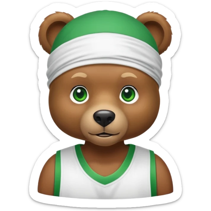 Cute brown bear with green eyes shown up to shoulders, wearing a white durag and black basketball jersey, visible upper chest and shoulders, iOS emoji style sticker