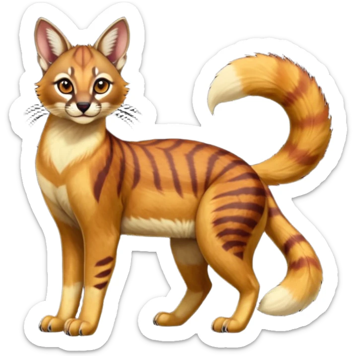 Dark gloomy red-golden-brownish-beige-gradients colorful painted marked patterned Asian glorious divine exotic cute cool beautiful shiny beautiful fantasy-caracal-civet-genet-sergal-vernid-Cacomistle-oncilla-animal-Fakémon-hybrid-fursona (full body) sticker