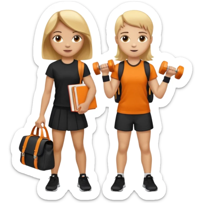 light skin students girl and boy with school bag full of books on hand and dumbell in other hand. Clothes are in black and orange colours. They are going to the gym. They have brown and blonde hair. Dumbell is visible in hand. They are teaching about sport sticker