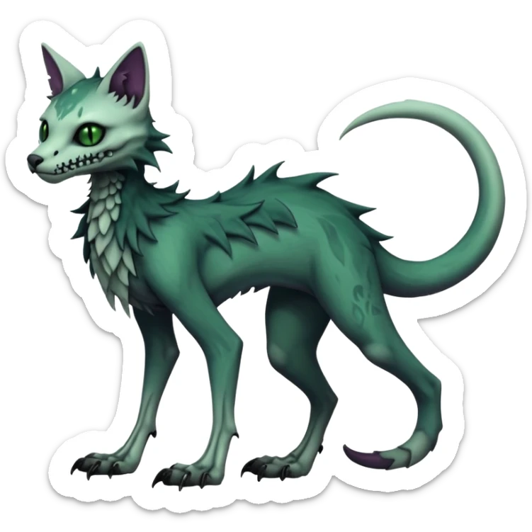 Bloody gory spectral spooky dark bleak blackish swampy white-skeletal gloomy ghostly dark greyish dark-deep-greenish foggy eldritch beautiful realistic edgy fantasy ghoul-like stitched feline-vernid-sergal-fursona animal creature with a tufted tail full body with intricate markings  sticker
