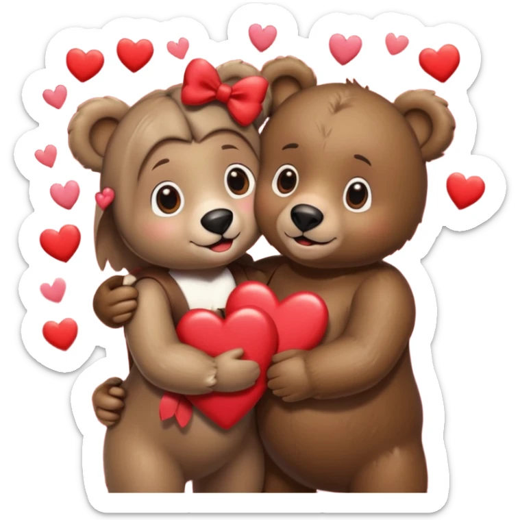 female bear with bow on her head and male bear hugging, couple, surrounded by hearts, playful and loving, cute sticker