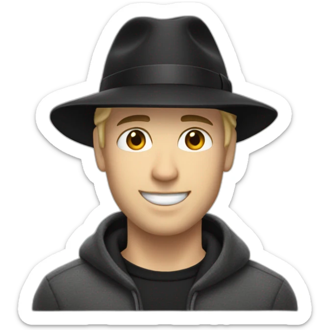 White smirking man with short blond hair wearing a fedora black hat, and a black adidas long sleeve sweater sticker