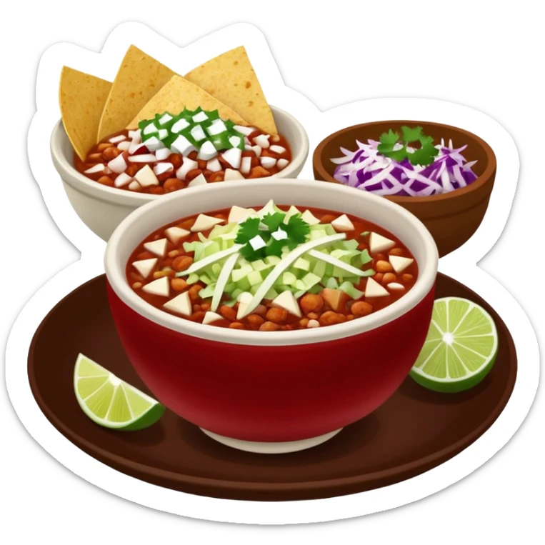 A delicious hot bowl of pozole rojo with sides next to the bowl in separate bowls each: chopped onions, shredded cabbage, lime wedges, red chile de arbol salsa, and full round tostadas sticker