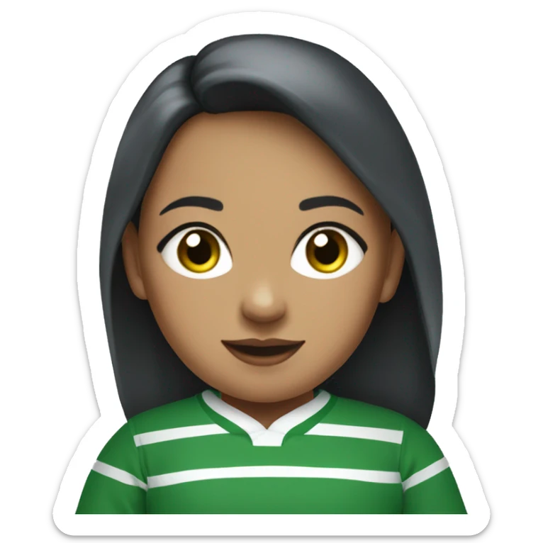 Girl wearing blue rugby sweater with two green stripes at the bottom. Stripes are at the bottom. Long sleeved sweter sticker