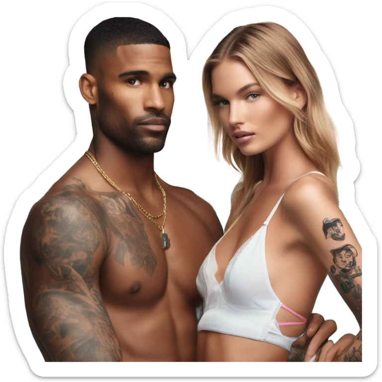 Photo of Victoria secret model by the pool with a tattooed male model  sticker