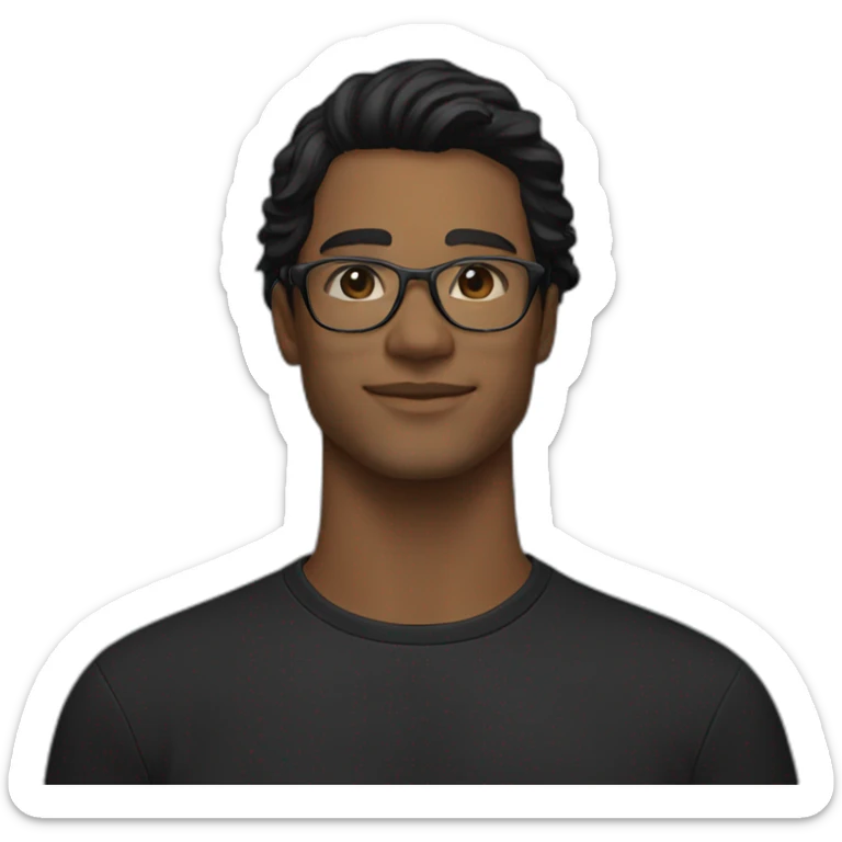 Light Brown guy, black medium long wavy hair, no facial hair, transparent aviator glasses, black t shirt sticker