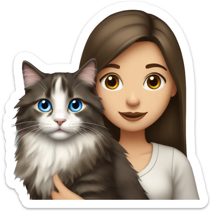 long straight haired blue eyed brunette woman holding norwegian forest cat with amber eyes sticker