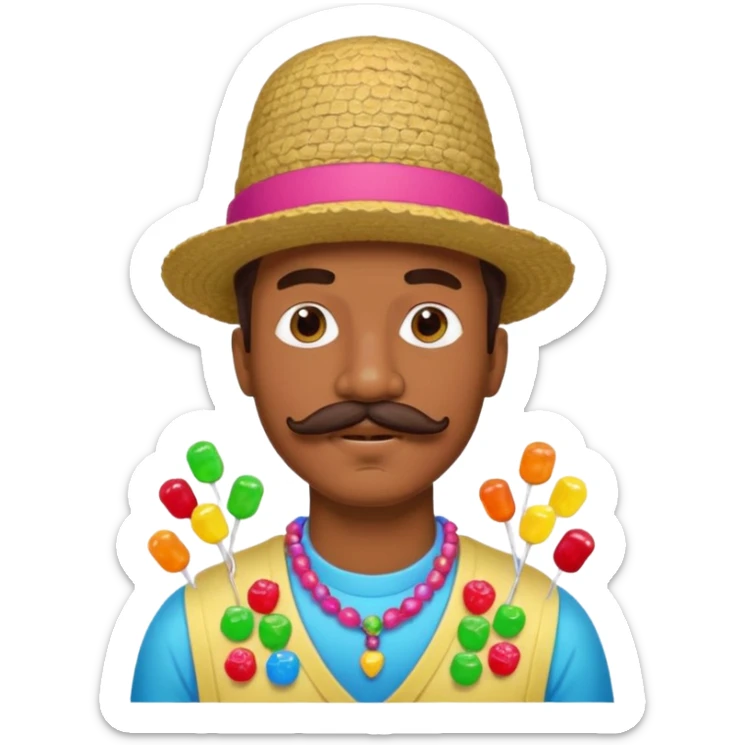man with a lot of accessories and mustache made out of candy sticker