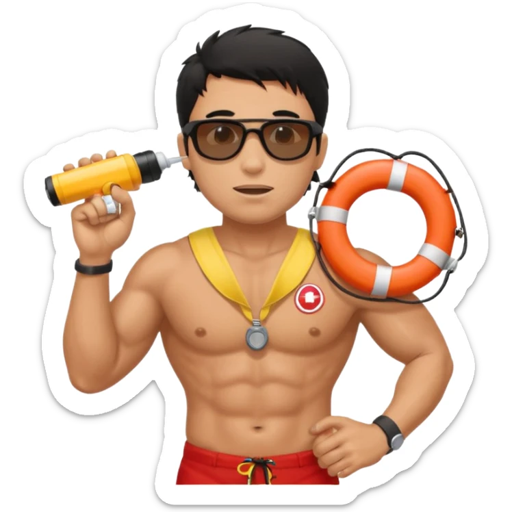 Dark Tan Muscular lifeguard without shirt with messy black hair with sunglasses, with whistle with life preserver sticker