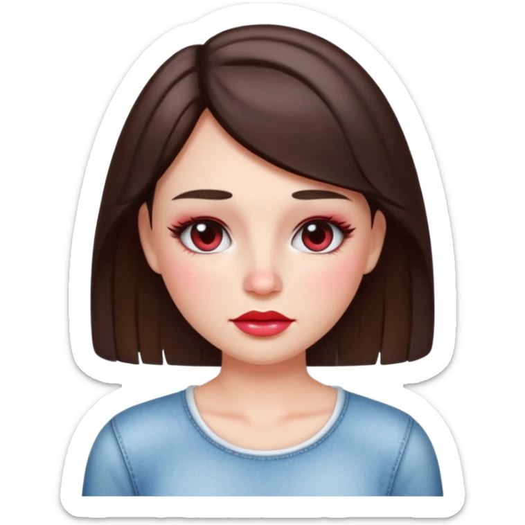 “Emoji brunette girl white top, dewy skin, heavy blush across cheeks and nose bridge, glossy cherry lips, soft eyeliner, teary sparkling eyes like hanni from new jeans sticker