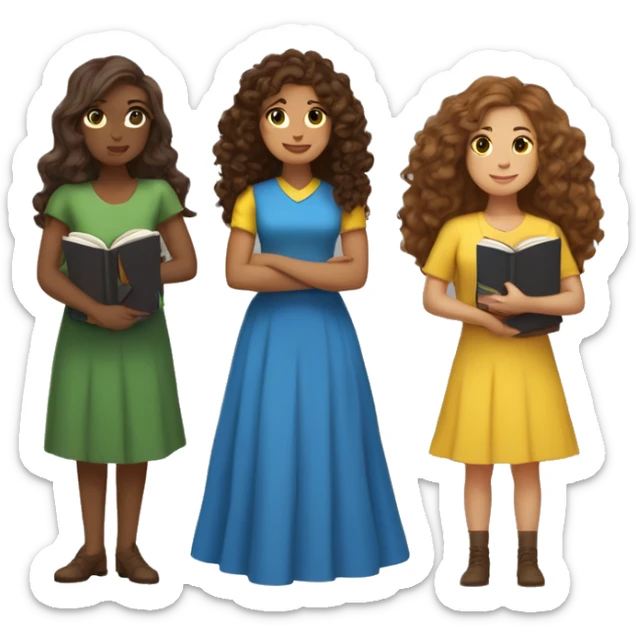 3 women, one is white with long brown curly hair and a dress holding books, one medium height with brown long wavy hair and green skirt and yellow top, one medium height with medium length brown wavy hair with a blue dress holding a kindle sticker