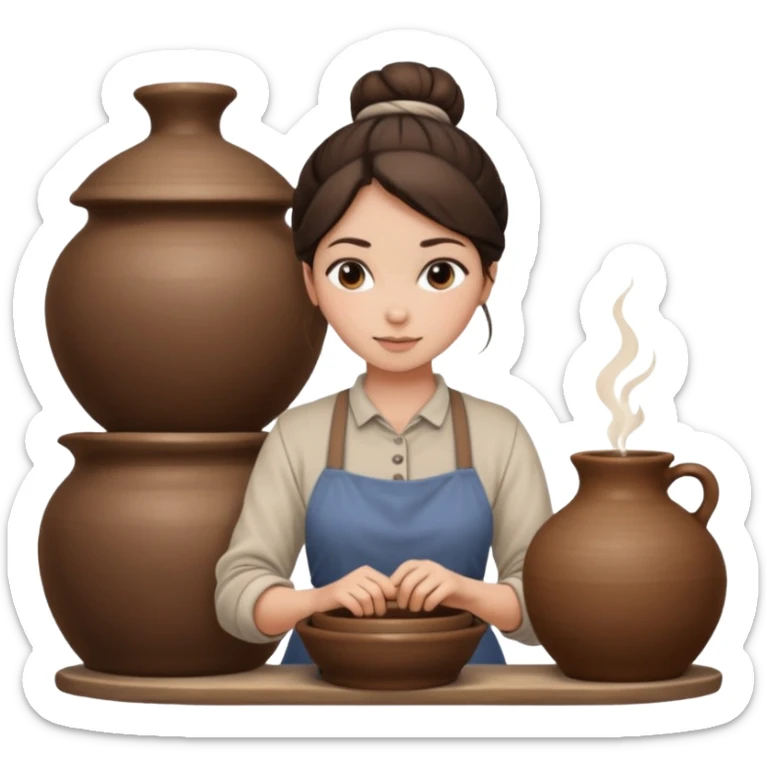 Brunette girl with a bun, behind the potter's wheel, wearing neutral clothing sticker