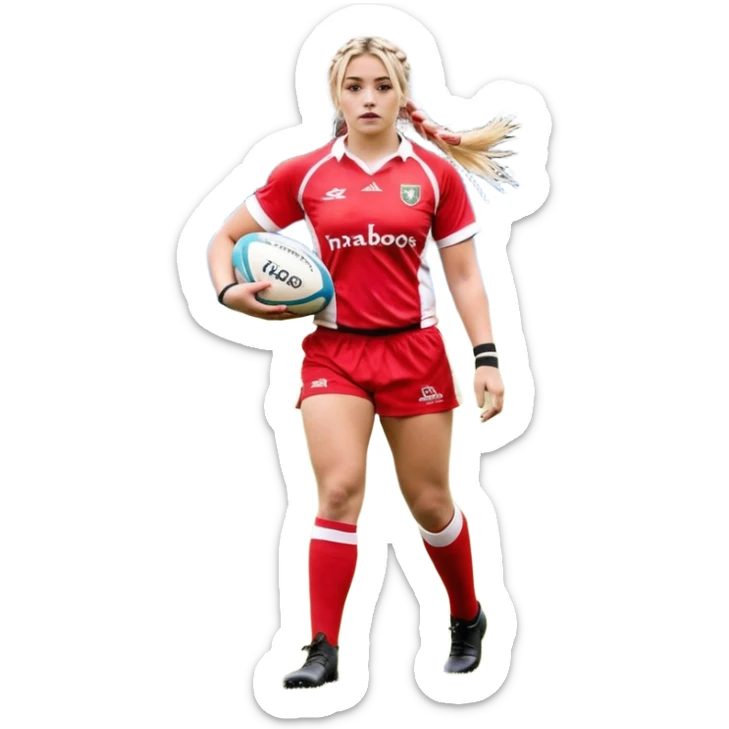 Chica de pelo rubio tirada en el suelo boca abajo agarrando un balón DE RUGBY con las manos vestida con una equipación de color rojo y blanco con líneas, manchada de barro y con unas botas de tacos de fútbol, con un bucal en la boca y el pelo con trenzas, se la tienen que ver las 2 piernas  sticker