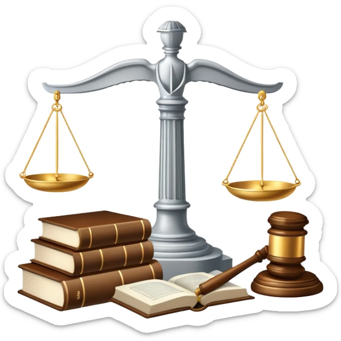 An icon featuring scales of justice, a gavel, and a legal book, symbolizing the study of law. The design includes courthouse pillars in the background, representing authority and legal systems. Transparent background highlights the principles of justice, order, and legal education. sticker