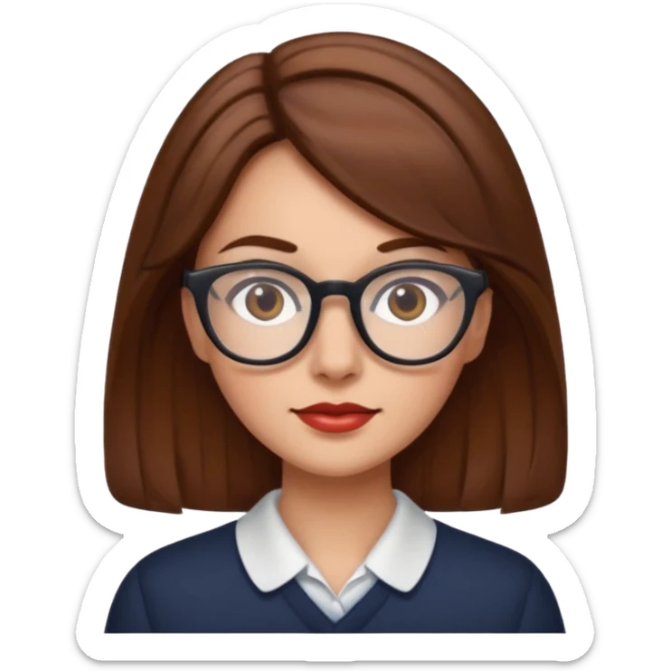emoji of a woman with glasses and brown hair, Apple style sticker