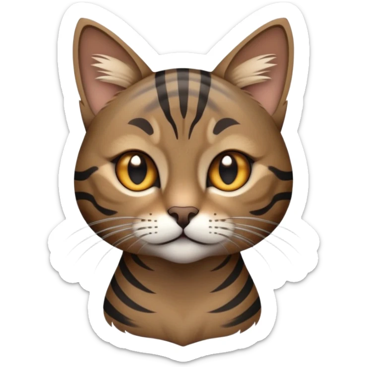 cinematic-noble-grey-and-black-brown-tabby-cat-portrait-emoji,-head-tilted-slightly-with-a-dramatic,-sleek-grey-brown-fur-with-dark-black-tabby-stripes,-sparkling-amber-eyes-barely-open,-simplified-yet-irresistibl sticker