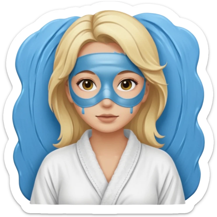 Blonde women wearing a white spa robe with a blue mud mask on sticker