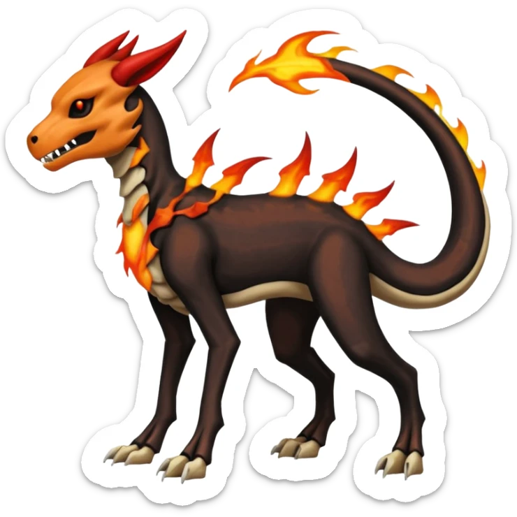 Skeletal Fiery Flaming Volcanic Draconic Cubone-Salandit-Houndoom-Houndour-Marowak-Poochyena-Litten-Fakémon-hybrid-creature (full body), 4 legs sticker