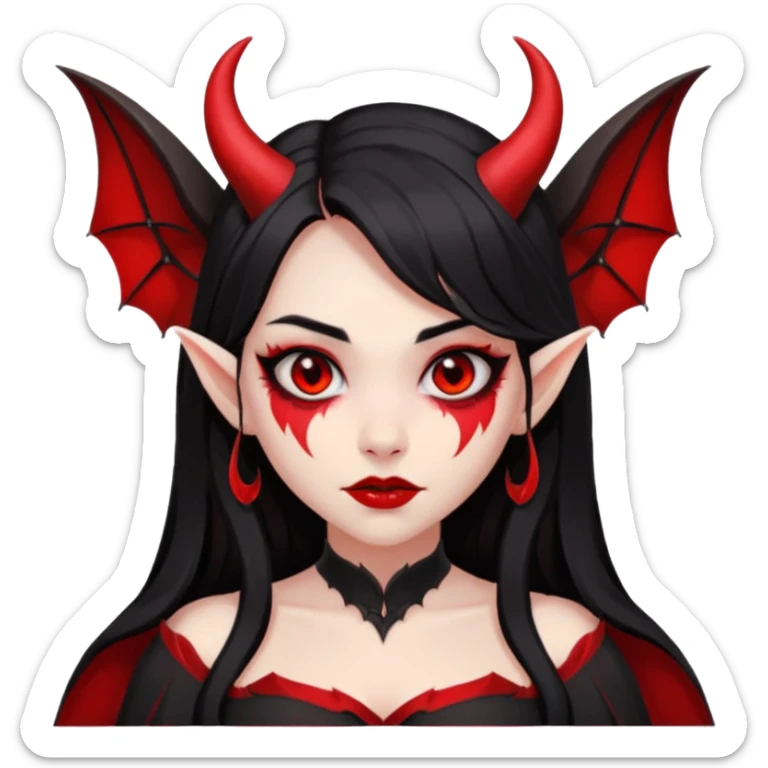 demon girl, skin red , black long hair, small horns, bat wing, black open-back dress, bold black outlines, red+black palette sticker