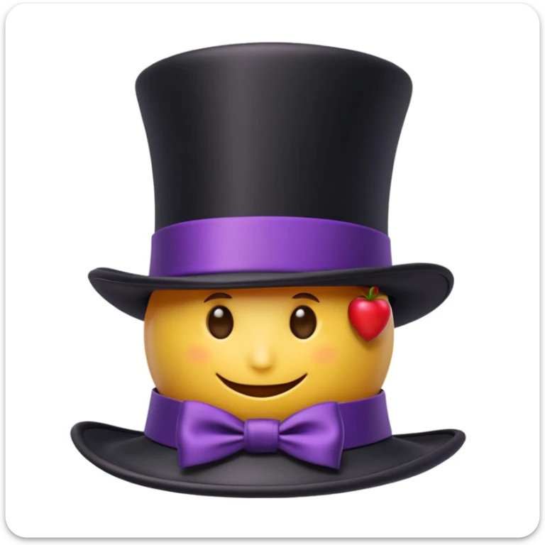 3D apple-style emoji of a tall vintage top hat, simplified shapes, cartoon-like look, glossy finish, soft shadows, white background, tall black hat with wide brim, purple and black checkered ribbon with a red stripe sticker