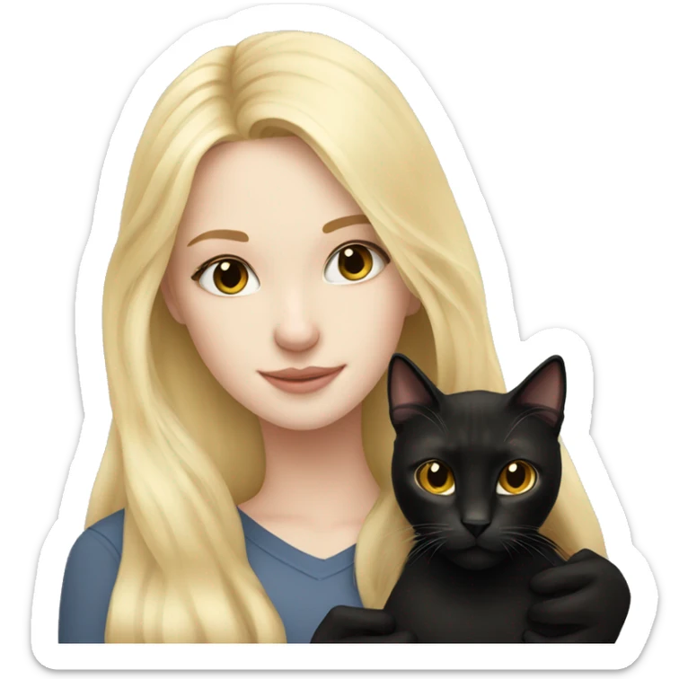 pretty woman with pale skin, very long blonde hair  hugging a black cat sticker