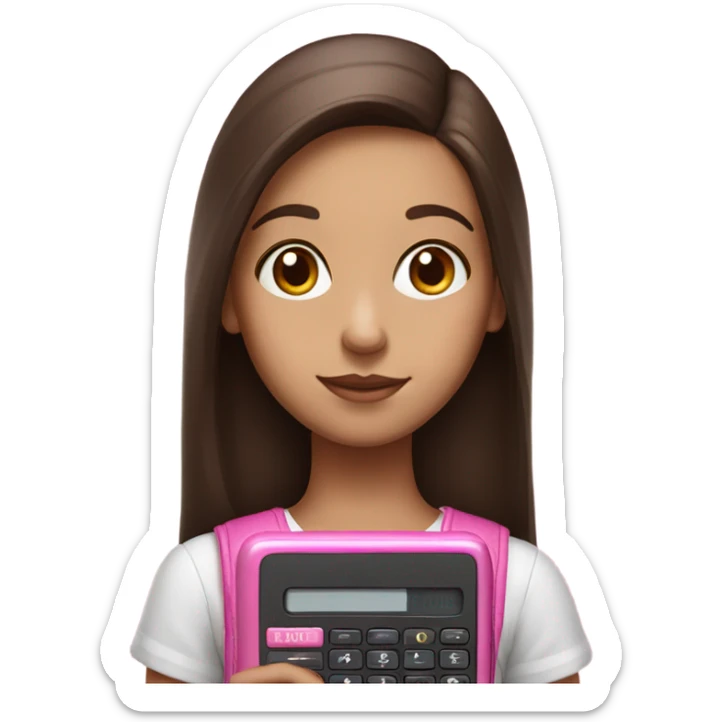 Hyper realistic girl with straight brown hair holding a pink calculator sticker