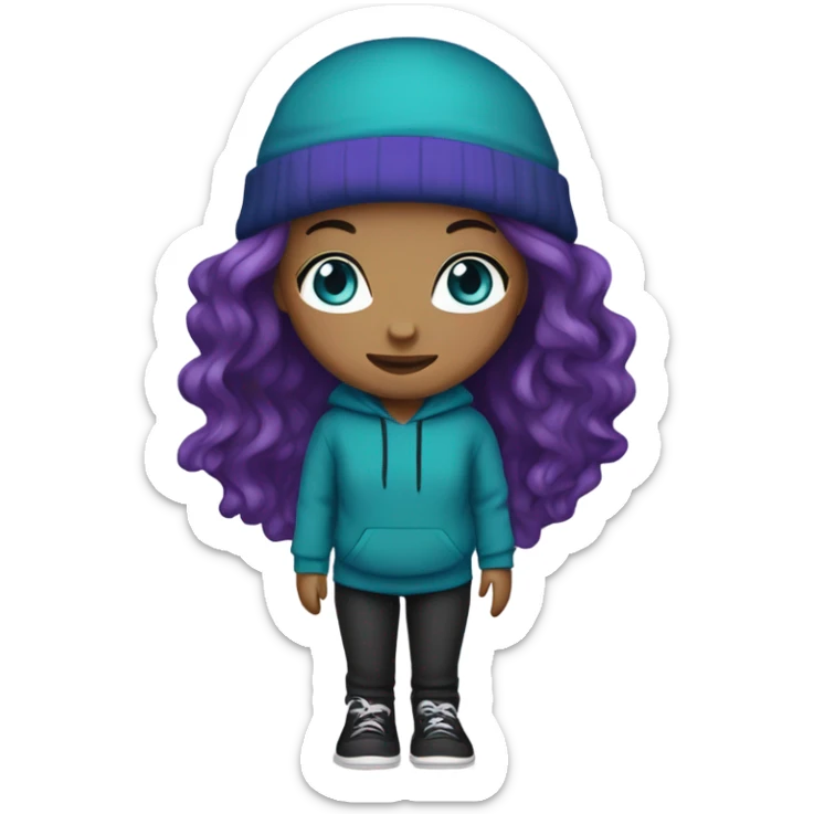 White girl, blue eyes, long teal hair, purple beanie hat, black hoodie, blue jeans, black shoes sticker
