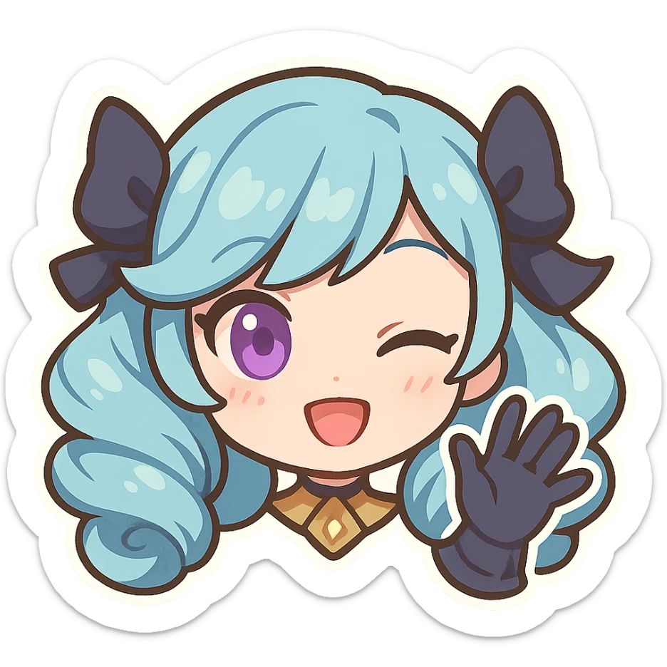 Gwen from League of Legends, chibi style, only head, right eye purple, one hand waving with glove, hi emote, playful and cute, no text sticker