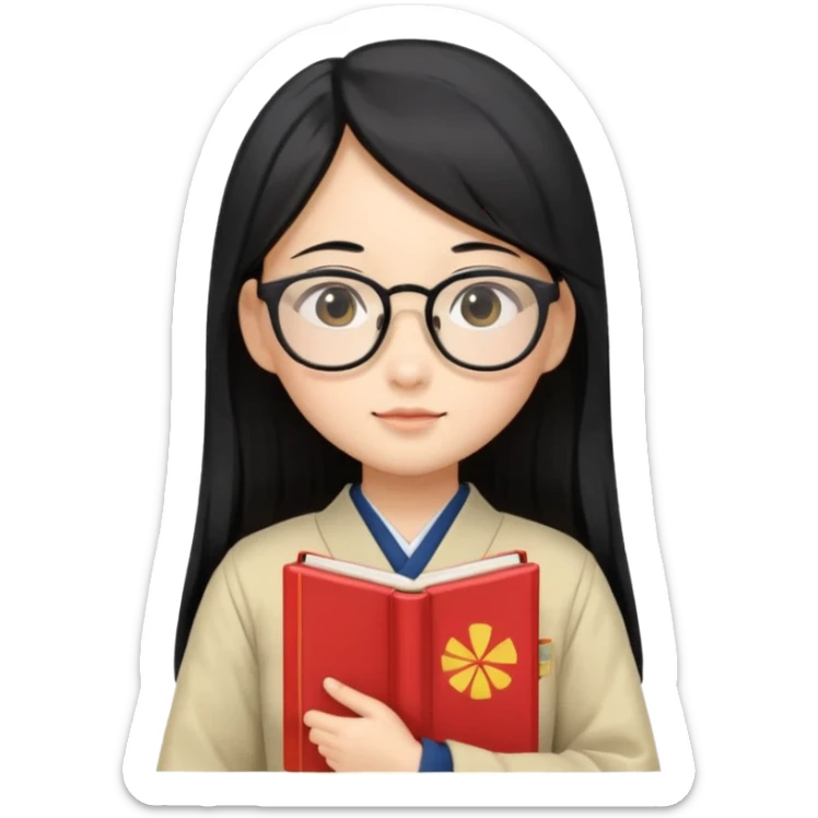 A student, asian girl, long black hair, wearing glasses, japanese uniform, hold book in front of their chest sticker