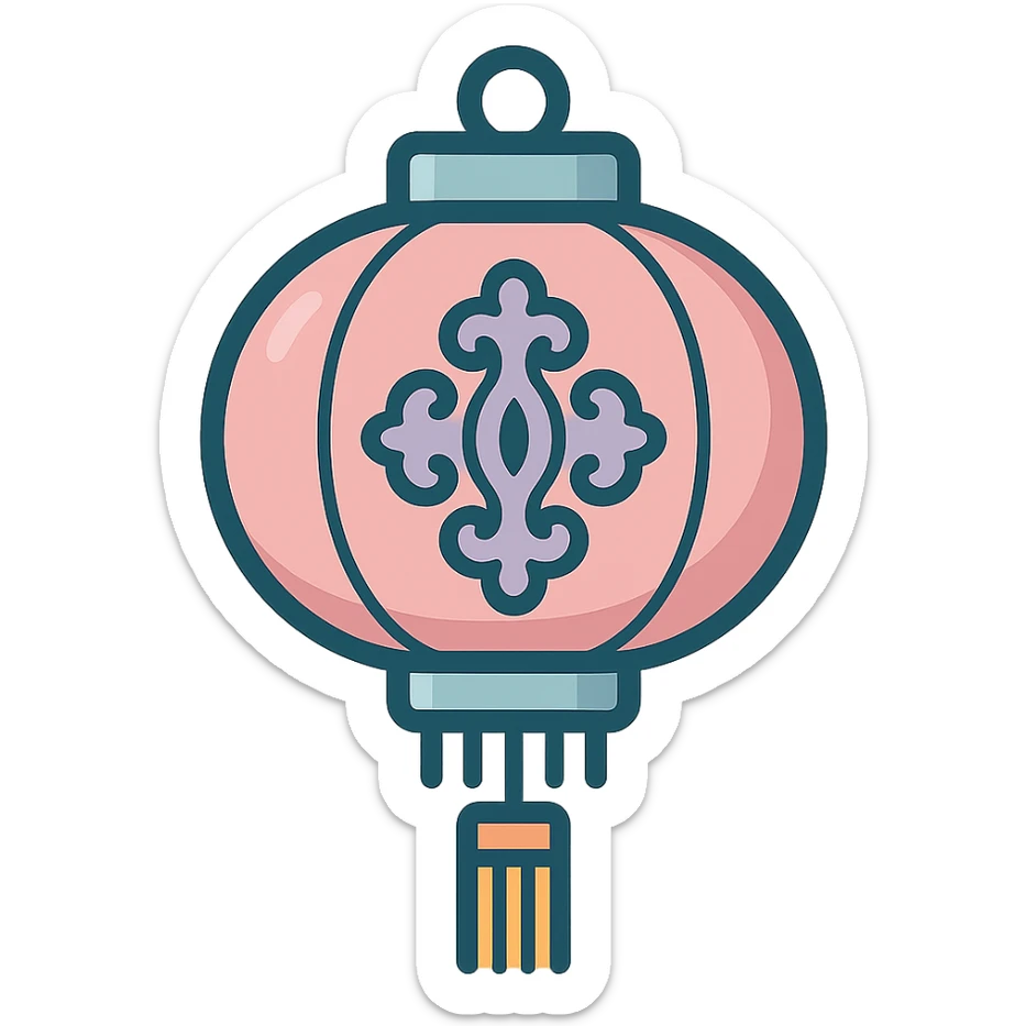 Chinese lantern with carved ornament and decorative fringe, not minimalist, no floral decor, detailed shadows and highlights, thin clean contours, soft rounded shapes, pastel palette #98B5BC, #B5B3C1, #C9A3C9, #E4C0CA, #F7DCD1, #F7C0AA, modern Japanese pop-art and sticker aesthetics, high detail, vector sharpness, soft lighting, transparent background sticker