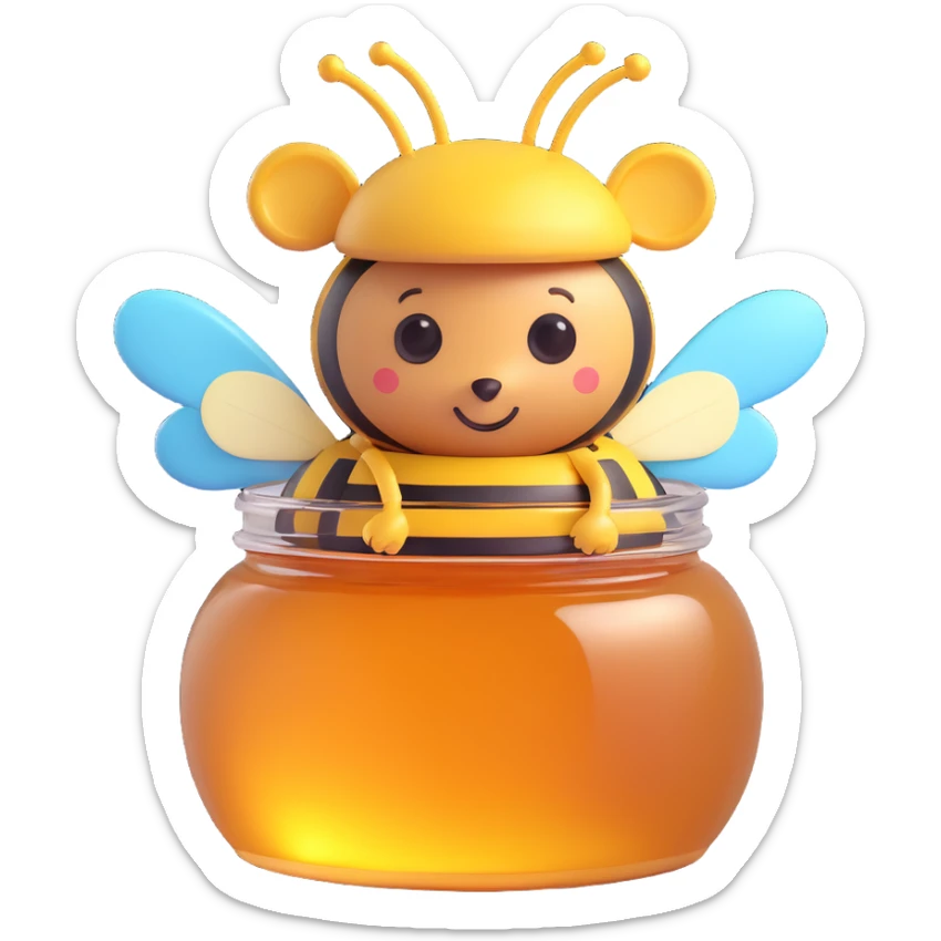 3D emoji style honey jar, with a bee sitting on the lid, cute and playful sticker