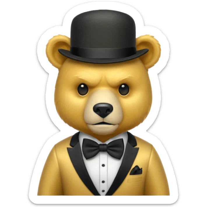 Oso dorado con sombrero elegante y moño negro enojado animatronico sticker