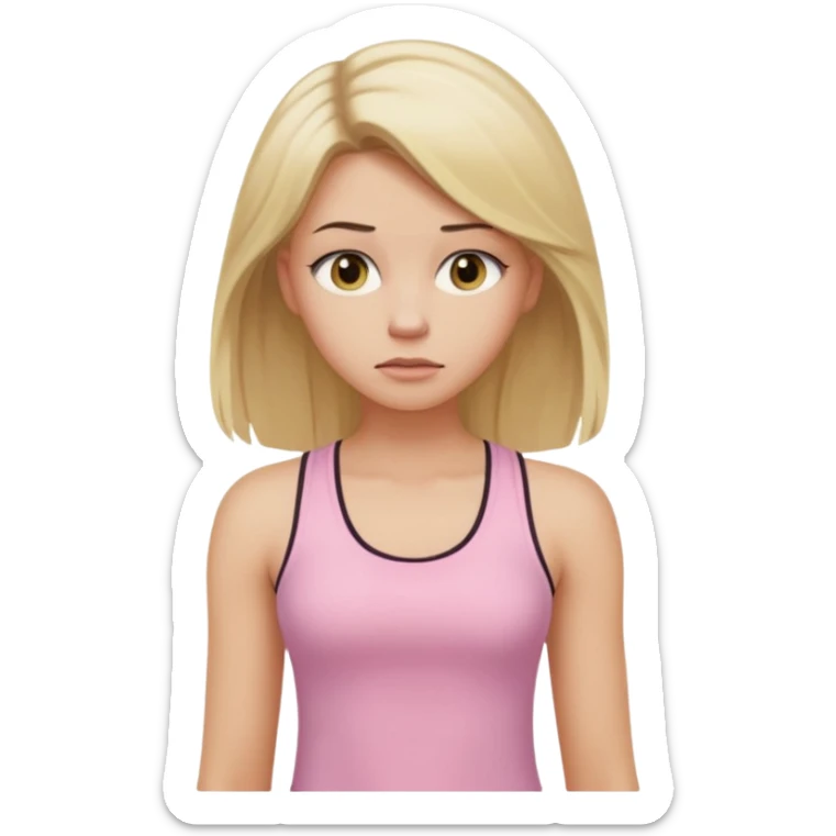 Create a young woman with long blonde hair, golden eyes, and medium-light skin tone, wearing a light pink tank top and leggings. She should be in portrait mode, but with a subtle doubting facial expression—slightly raised eyebrow, small frown, .  and her hand next to her chin like a thinker sticker