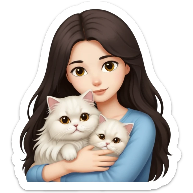 pretty girl with DARK long hair hugging her light hair fluffy persian cat  sticker