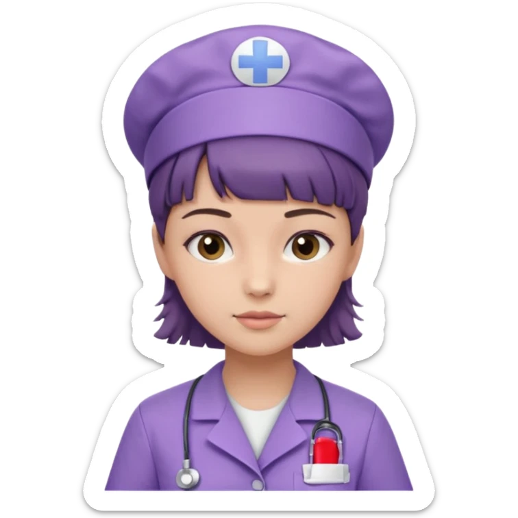 A young female slim nurse with short Brown hair with fringe over her forehead, wearing larvendar purple working cloth, without nurse cap sticker