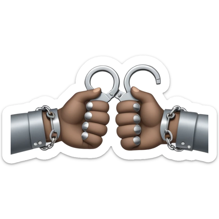 An emoji of two hands cuffed behind the back with metallic handcuffs. The wrists are slightly tilted inward, showing restraint. The handcuffs have a reflective silver surface, symbolizing arrest, punishment, or law enforcement. Simple, cartoon-style design sticker
